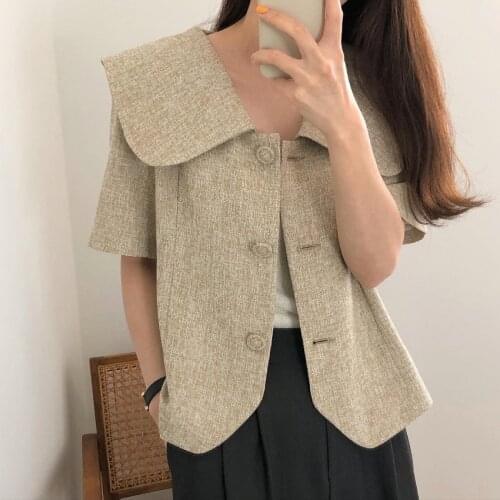 Women Jackets 2021 Summer Korean Retro Doll Collar Three Buttons Loose All-match Casual Solid Color Cardigan Short Coat
