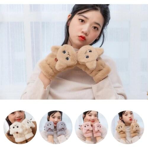 Women Student Thicken Plush Warm Half Finger Gloves Cute Cat Embroidery Convertible Flip Top Winter Fingerless Touch Screen