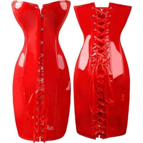 Women Steam punk Sexy PVC Latex Corset Dress Overbust Waist Tranier Nightclub Bar Sexy Corset bandage Mini Dress