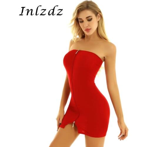 Women Lingerie Mini Dress Strapless Double-ended Zipper Tube Dress Erotic Sheer Babydoll Sex Costume Stretchy Bodycon Mini Dress