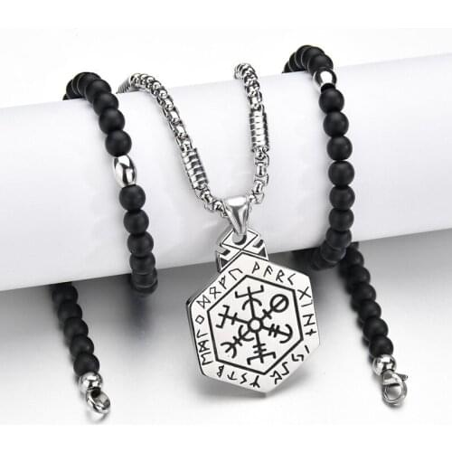 Viking Odins Symbol of Norse Runic Pendants Necklaces Stainless Steel Chain Black Stone Strand Beads Necklaces Ethnic Jewelry