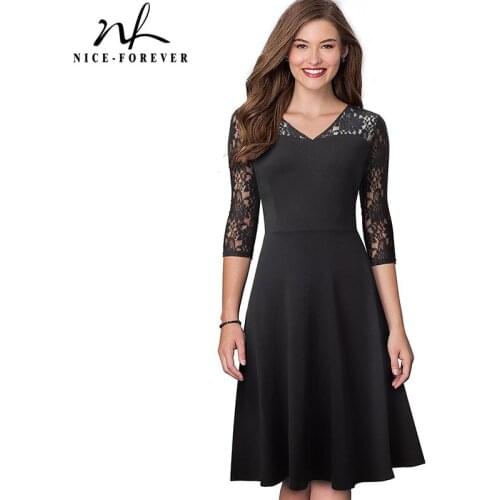 Nice-forever Spring Women Elegant Embroidery Floral Lace Patchwork Dresses Cocktail Party Flare Dress A167