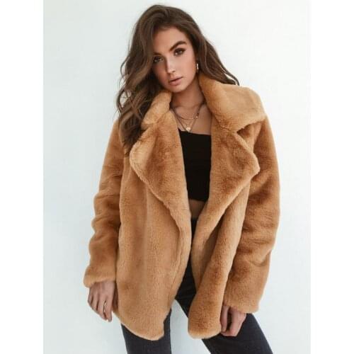 Women Warm Winter Coat 2020 Thick Faux Fur Soft Casual Streetwear Female Turndown Collar Jacket Outwear Ez