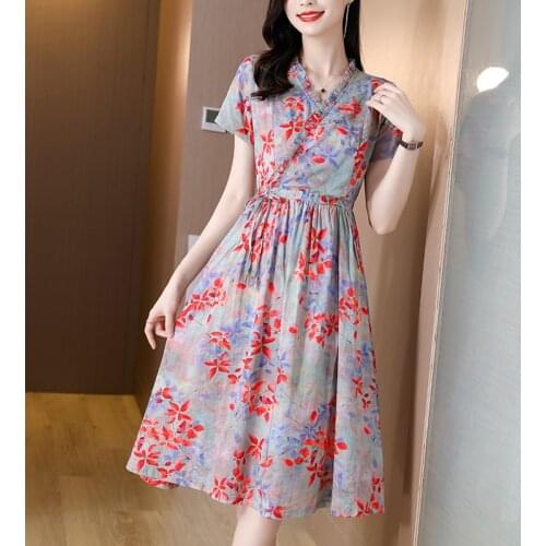 2021 Casual Elegant Cotton Linen Print Beach Midi Dress Summer Vintage Ramie Red Floral 3XL Dresses Women Bodycon Party Vestidos