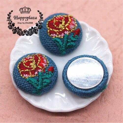 10pcs 18mm Gold Line Camellia Flower Embroidery Fabric Covered Round Flatback Buttons DIY Home Garden Scrapbooking