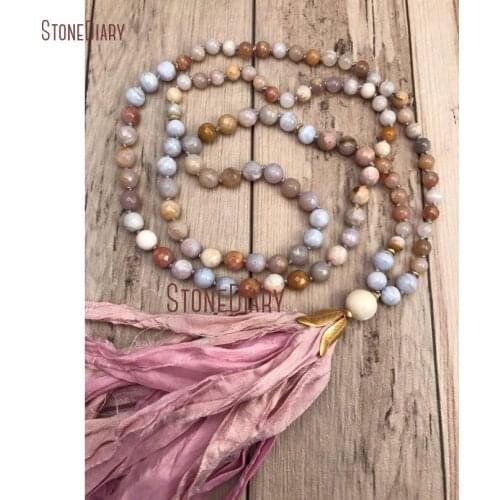 Bohemian Recyled Sari Tassel Colors Agates Long Beaded Necklace Knotted 108 Beads Mala Prayer Necklace 40inch NM11118