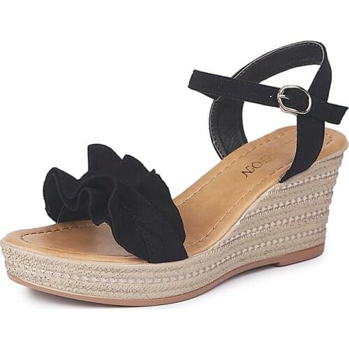 Fashion Women Wedge Heels Ruffle Peep Toe Buckle Strap Sexy Sandals Pumps Shoes high Heel Platform Open Toes Sandals Drop Ship