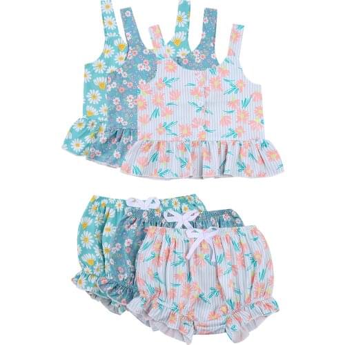Baby Camisole + Shorts, Ruffle Decoration with Small Daisy Print Elastic Waist Summer Clothing 6M-4T