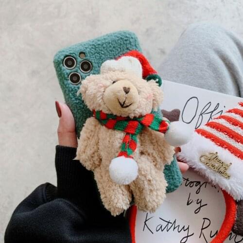 Flannel Teddy Bear Christmas Gift Phone Case For iPhone Apple 11 Pro 12 Max 8 Mini Plus 7 6 X XS XR Warm Fluffy Fleece Fundas