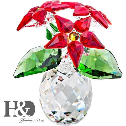 H&D Crystal Poinsettia Small Holiday Ornament Office Table Paperweight Wedding Christmas Gift Flower Collectible Glass Figurine