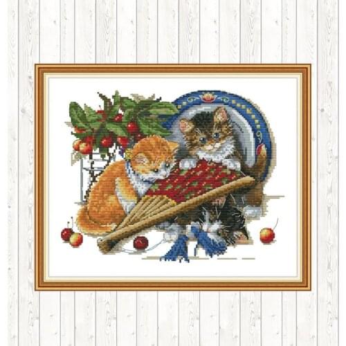 Joy Sunday Cross Stitch Cat Patterns Aida Fabric for Embroidery Kit 14CT 11CT DMC DIY Printed Canvas Counted for Needlework Sets