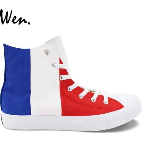 Wen Design Custom Hand Painted Shoes France Flag Blue White Red Vertical Stripes High Top Women Mens Canvas Rubber Sneakers