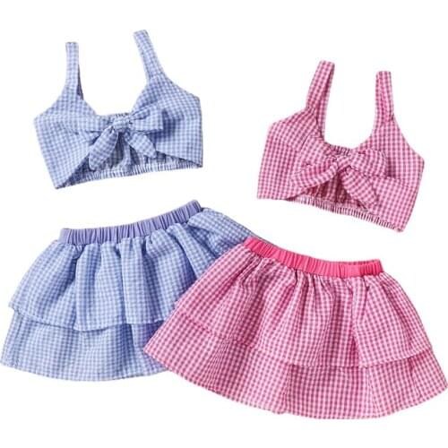 2 Pieces Kids Girl Clothes SetPlaid V-Neck Sleeveless Crop Tops+ Short Skirt for Summer, Pink/Blue, 6 Months-3 Years
