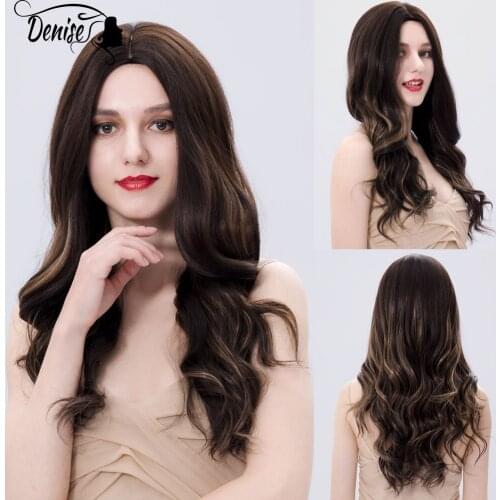 Brown Black Long Wave Ombre Daily Hair Synthetic Wigs For White Women Nutural Cosplay Party Heat Resistant Female Fiber Wig