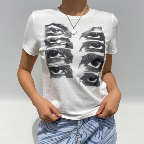 90s Aesthetic Graphic Eyes Print Crop Top Y2K T-Shirt Vintage Casual Chic Gothic Harajuku Summer Tee Slim Streetwear Women Tops
