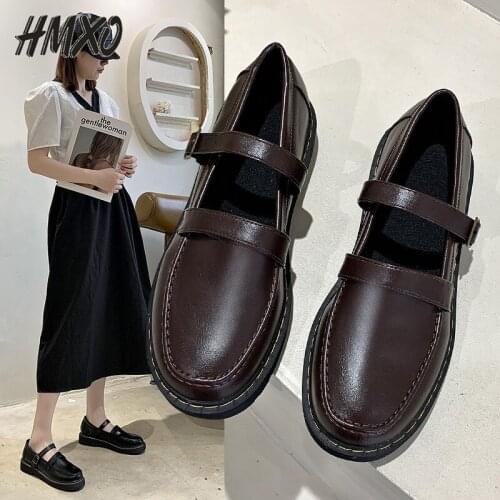 HMXO Loafers Retro Japanese Round Toe JK Shoes One-word Buckle Thick-soled Mary Jane Leather Shoes Female College Style Shoes