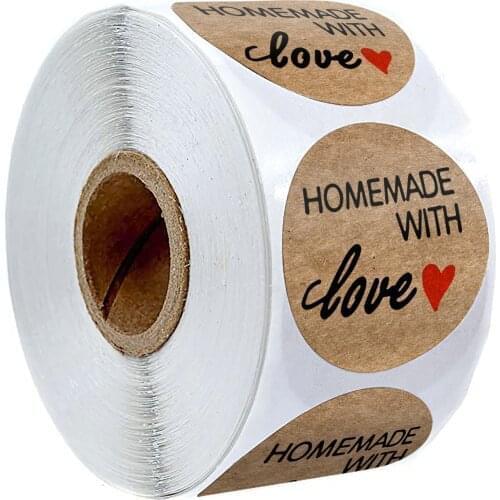 50-500Pcs Handmade With Love Kraft Paper Stickers Round Adhesive Labels for Package Wedding Baking Gift Tags Stationery Stickers