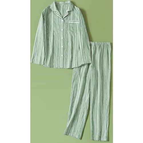 100% Cotton Pajama Sets Autumn New Loose Striped Long Sleeve Long Pants Womens Elegant Leisure Homewear Korean Style Outwear