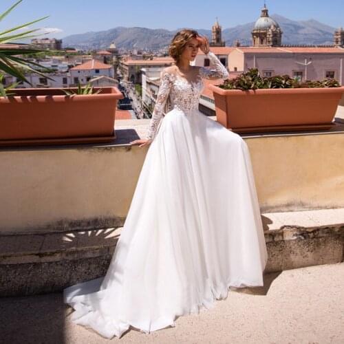 Scoop Sheer Bodice Long Sleeves White A-line Wedding Dress with Lace Applique Illusion Back Sexy Bridal Gowns