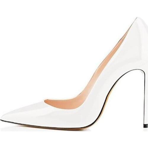 Women Pumps Brand Thin High Heels White Patent Leather Slip On 10CM Pointed Toe Dress Party Wedding Shallow 2020 Shoes For Women