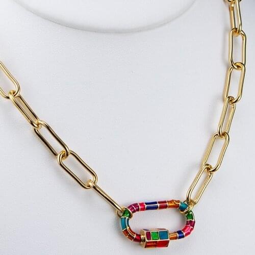 Vintage Carabiner Lock Zirconia open Screw Buckle Statement Jewelry Carabiner Choker enamel clasp chunky chain necklace women