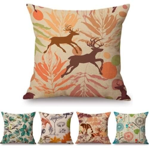 Vintage Floral Leaves Wildlife Bird Deer Sofa Throw Pillow Case Cotton Linen Flowers Leaf Hand Sketch Art Linen Cushion Cover