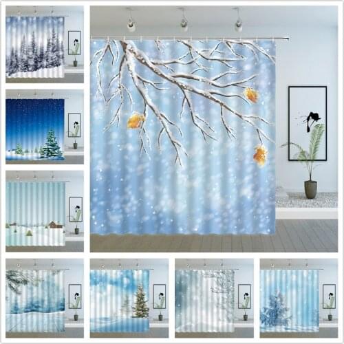 Winter Shower Curtains Pine Forest Farmhouse Snow Scene Snowflake New Year Bathroom Decor Waterproof Cloth Curtain Set With Hook