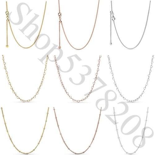 925 Sterling Silver Rose Shine Curb Beaded Joined Hearts Fashion Chain Necklace Fit Pandora Women Bead Charm Gift DIY Jewelry