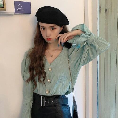 Bella philosophy spring Korean Women V Neck Single Breasted Shirt Chic Lacing Bow Flare Sleeve Mujer Blusas Elegant Sweet Blusas