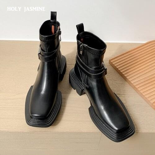 Female Square Toe 2021 Autumn Genuine Leather Platform Boots Women Shoes Women Booties British Zip Retro Trend Women Naked Boots