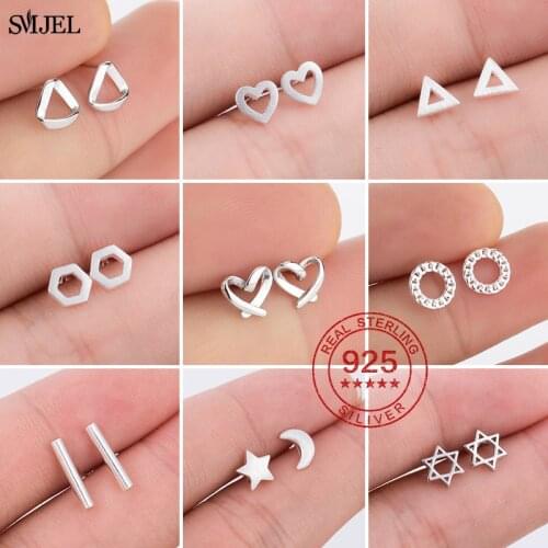 Real 925 Sterling Silver Earrings for Women Girls Silver Jewelry Geometric Hexagon Triangle Heart Round Earring Ear pendientes