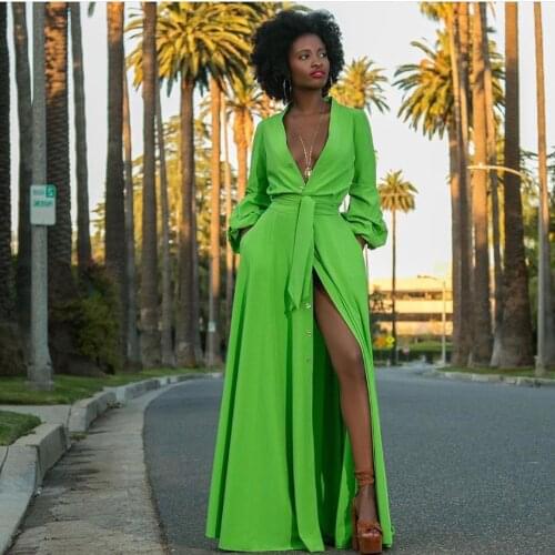 2021 Summer Long Sleeve Sundress Women Bow Tie High Split Dress Fashion Sexy V Neck Solid Party Long Maxi Shirt Vestidos