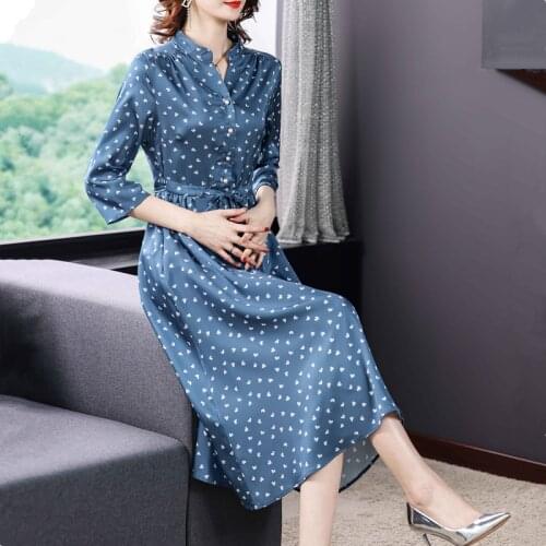 Spring Autumn Blue Dot Silk 4XL Plus Size Satin Dress 2021 Casual Vintage Long Sleeve Midi Dress Women Elegant Bodycon Vestidos