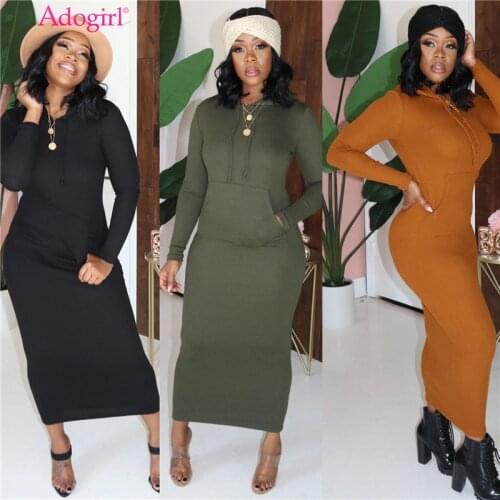 Adogirl Women Autumn Winter Ribbed Hooded Maxi Dress Long Sleeve Front Pockets Long Casual Knitted Dresses Fashion Vestidos