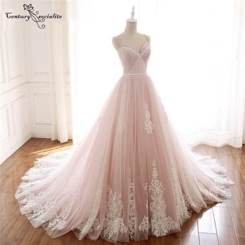 Pink Princess Wedding Dresses 2021 Lace Appliques Beaded Pleats Straps A-Line Bridal Gowns Bride Dress Vestido De Noiva