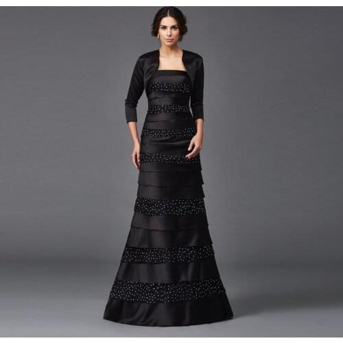 2020 Elegant Black Two Pieces Mother of the Groom Gowns With Jacket A Line Strapless Beading Tiered Skirt Wedding Party Dress