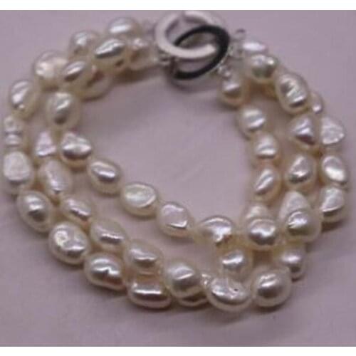New 3-Row Natural Rare white 8-9mm Baroque freshwater pearl Bracelet AA