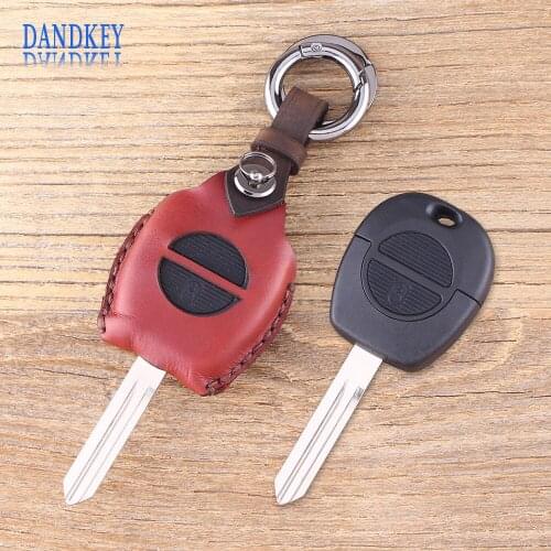 Dandkey 2 Button Remote Fob Leather Car Key Shell For Nissan Micra Almera Primera X-Trail Replacement Uncut Blade Car Key Case