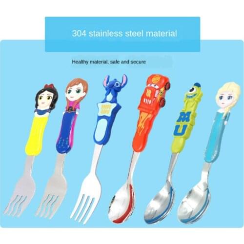 Disney Childrens Tableware Stainless Steel Baby Spoon Fork Set Portable Learning Spoon Baby Training Spoon Kitchen Supplies