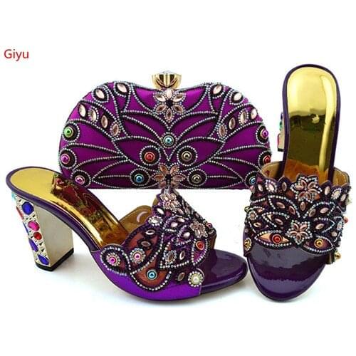Doershow Latest African Shoes and Matching Bags Italian purple Shoe and Bag Set for Party In Women Italian Shoes and set SKP1-14