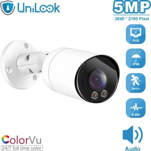 UniLook 5MP Bullet POE IP Camera ColorVu 3.6mm Fixed Lens Audio Motion Detection IP 66 CCTV Surveillance Onvif H.265 P2P View