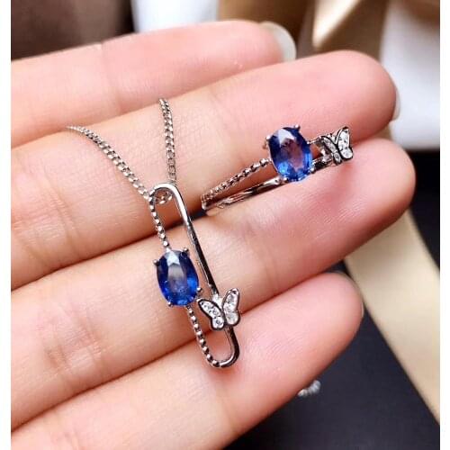 100% Real and Natural Real Natural Sapphire jewelry set Natural Real Sapphire 925 sterling silver 1pc pendant,1pc ring