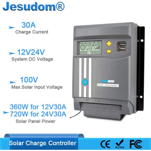 MPPT Solar Controller 30A 12V/24V Charger Battery Charge Max 100VDC Input Auto For Flood GEL LifePo4 Lithium Batteries
