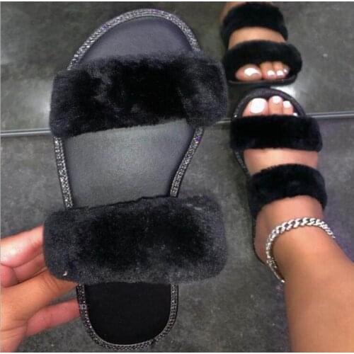 New 2020 autumn winter fox hair soft Double layer smooth flat rhinestone casual all-match our slippers outdoor women sandals