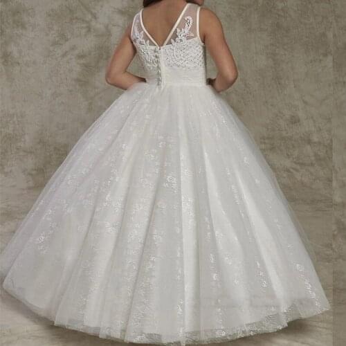 Crew Neck Backless Flower Girls Dresses Lace Appliques Cute Toddler Girls Dresses Princess Button Back Kids Formal Wear