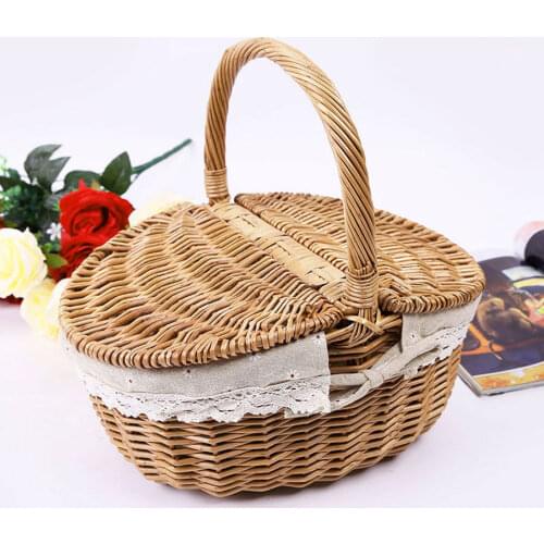 Wicker Willow Picnic Basket Hamper as Shopping Bag with Lid and Handle and White Liner for Outdoor Camping Picnic Carrying Food