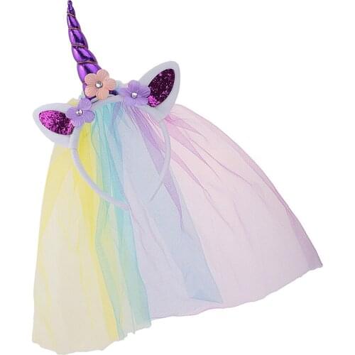 Unicorn Horn Ears Flower Headband with Veil Cosplay Costume Birthday Party Gift