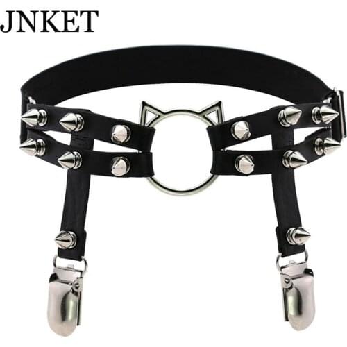 JNKET New Punk Rivets Womens Garters Strap PU Leather Leg Belt Rock Hip-hop Leg Rings Double Row Suspenders Straps