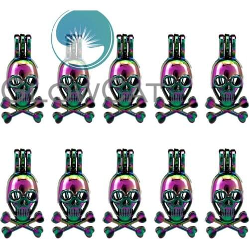 Rainbow Danger Sign Skull Beads Cage Perfume Essential Oil Diffuser Pearl Cage Locket Pendant 10X C214