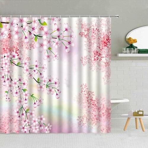 Romantic Pink Cherry Blossom Shower Curtain Spring Flower Scenery Butterfly Bathroom Bath Decor Waterproof Fabric Hooks Curtains